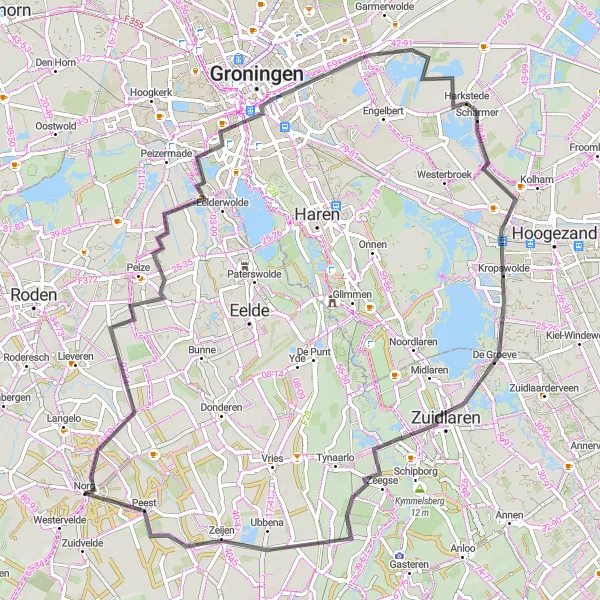 Miniatuurkaart van de fietsinspiratie "Polderlandschap Route van Drenthe naar Groningen" in Drenthe, Netherlands. Gemaakt door de Tarmacs.app fietsrouteplanner