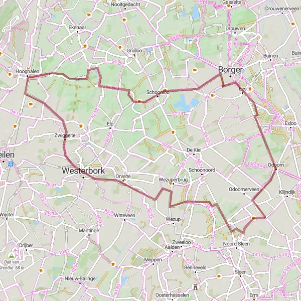 Map miniature of "Gravel Loop from Odoorn" cycling inspiration in Drenthe, Netherlands. Generated by Tarmacs.app cycling route planner