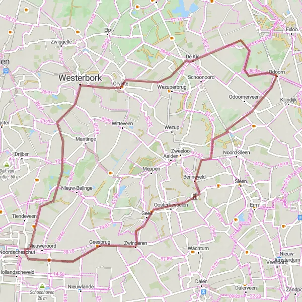 Map miniature of "Odoorn - Poolshoogte Gravel Route" cycling inspiration in Drenthe, Netherlands. Generated by Tarmacs.app cycling route planner