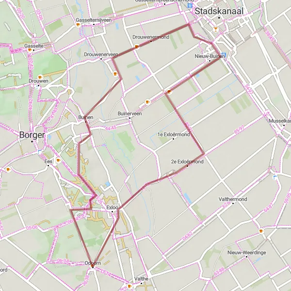 Miniatuurkaart van de fietsinspiratie "Gravelroute naar Nieuw-Buinen" in Drenthe, Netherlands. Gemaakt door de Tarmacs.app fietsrouteplanner