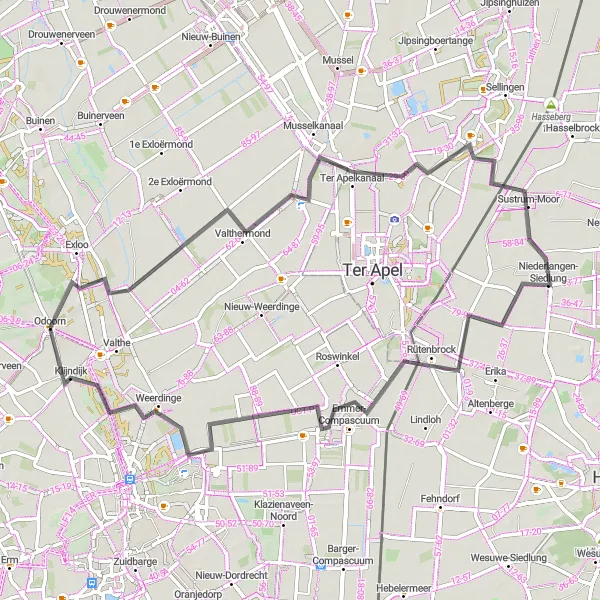 Map miniature of "Valthermond and Rütenbrock Loop" cycling inspiration in Drenthe, Netherlands. Generated by Tarmacs.app cycling route planner