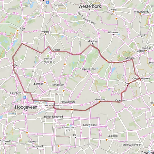 Map miniature of "Oosterhesselen Gravel Adventure" cycling inspiration in Drenthe, Netherlands. Generated by Tarmacs.app cycling route planner