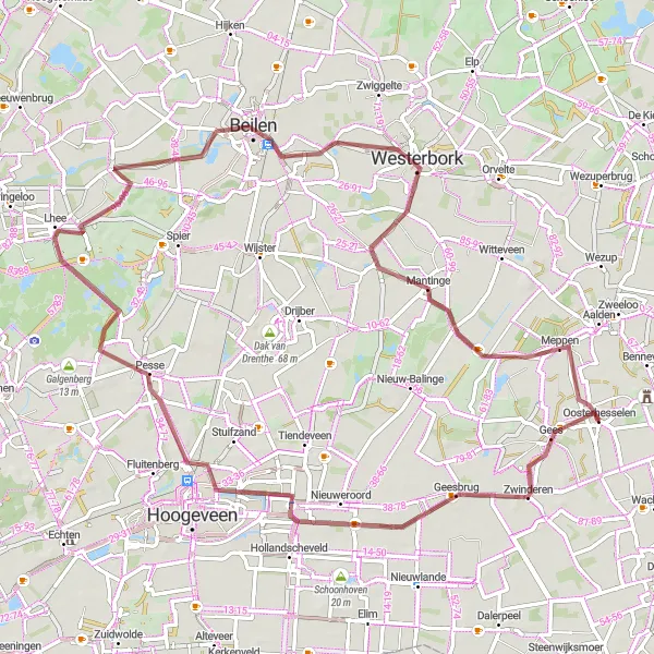 Miniatuurkaart van de fietsinspiratie "Gravelroute door Drenthe" in Drenthe, Netherlands. Gemaakt door de Tarmacs.app fietsrouteplanner