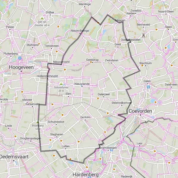 Map miniature of "The Rivers and Countryside" cycling inspiration in Drenthe, Netherlands. Generated by Tarmacs.app cycling route planner