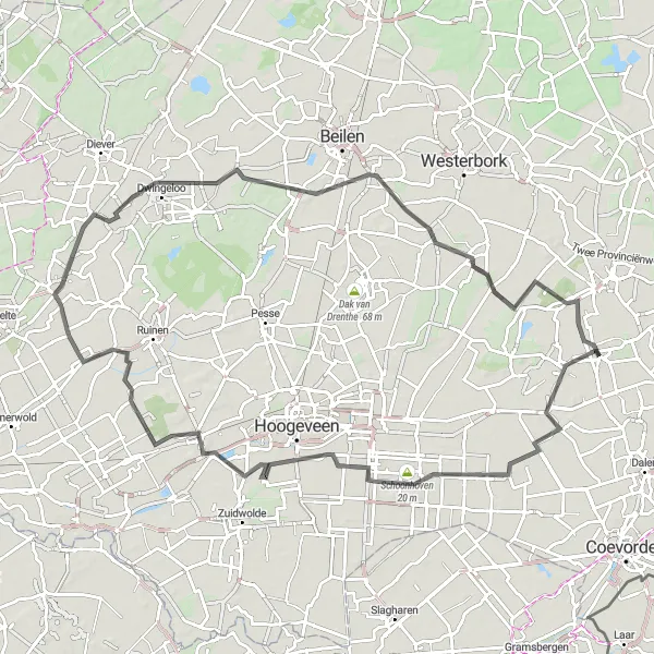 Map miniature of "Echten Loop" cycling inspiration in Drenthe, Netherlands. Generated by Tarmacs.app cycling route planner