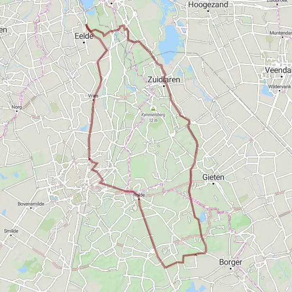 Miniatuurkaart van de fietsinspiratie "Gravelroute Paterswolde-Zuidlaren-Eext-Rolde-Ubbena-Yde" in Drenthe, Netherlands. Gemaakt door de Tarmacs.app fietsrouteplanner