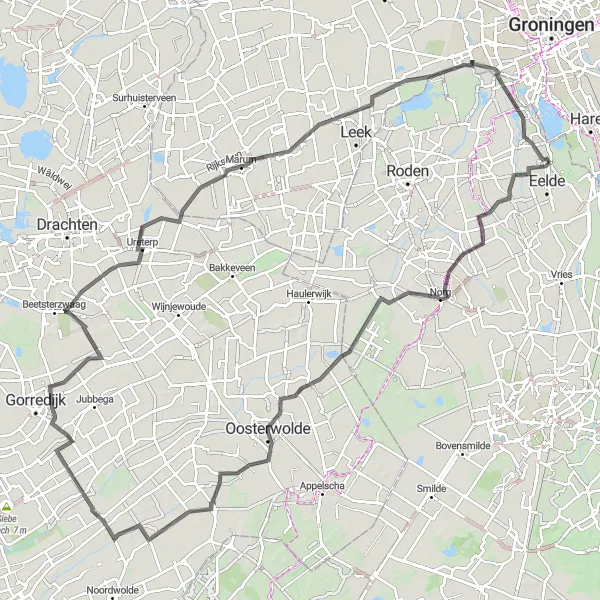 Miniatuurkaart van de fietsinspiratie "Wegroute Paterswolde-Winde-Norg-Weperbult-Boekelte-Lippenhuizen-Marum-Matsloot-Eelderwolde" in Drenthe, Netherlands. Gemaakt door de Tarmacs.app fietsrouteplanner