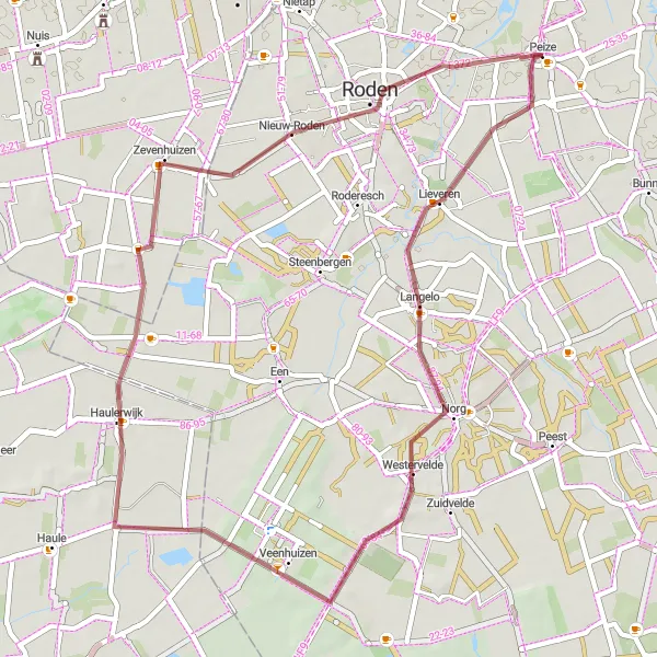 Map miniature of "Langelo - Haulerwijk - Peize Gravel Ride" cycling inspiration in Drenthe, Netherlands. Generated by Tarmacs.app cycling route planner