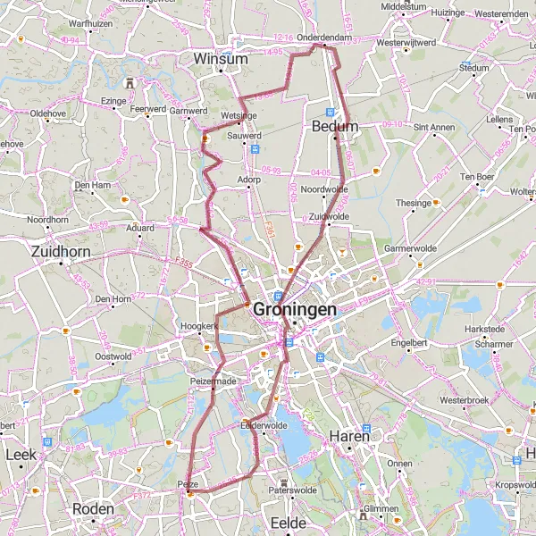 Miniatuurkaart van de fietsinspiratie "Groningen en Noord-Drenthe Gravelavontuur" in Drenthe, Netherlands. Gemaakt door de Tarmacs.app fietsrouteplanner