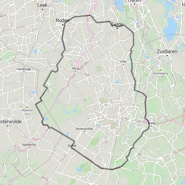 Map miniature of "Eelde - Eldersloo - Smilde - Uitkijktoren 'De Zeven' - Roden Road Ride" cycling inspiration in Drenthe, Netherlands. Generated by Tarmacs.app cycling route planner