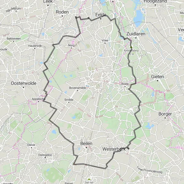 Miniatuurkaart van de fietsinspiratie "Lange wegtocht door Drenthe en Friesland" in Drenthe, Netherlands. Gemaakt door de Tarmacs.app fietsrouteplanner