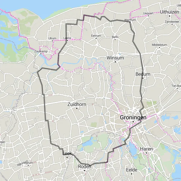 Map miniature of "Peize - Grijpskerk - Leens - Warffum - Groningen Road Ride" cycling inspiration in Drenthe, Netherlands. Generated by Tarmacs.app cycling route planner