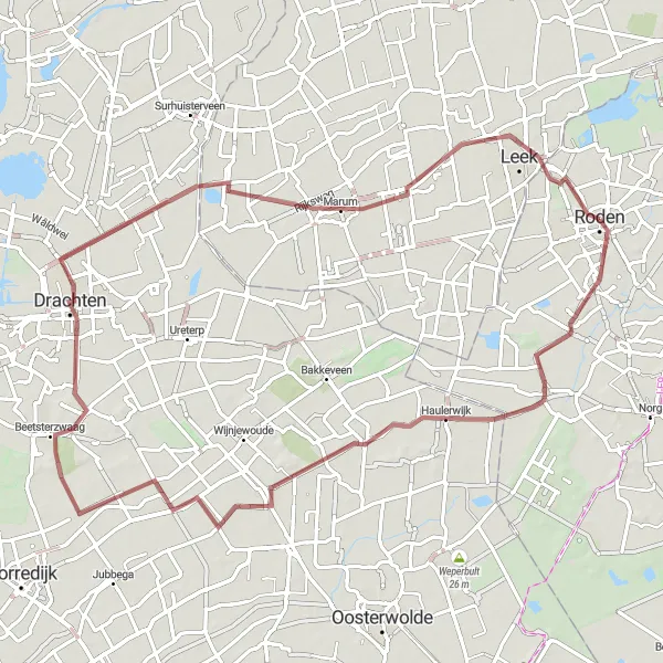 Miniatuurkaart van de fietsinspiratie "Gravel rondrit vanuit Roden" in Drenthe, Netherlands. Gemaakt door de Tarmacs.app fietsrouteplanner
