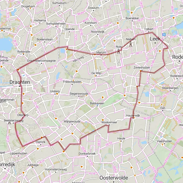 Miniatuurkaart van de fietsinspiratie "Gravelavontuur door Drachten en Niebert" in Drenthe, Netherlands. Gemaakt door de Tarmacs.app fietsrouteplanner