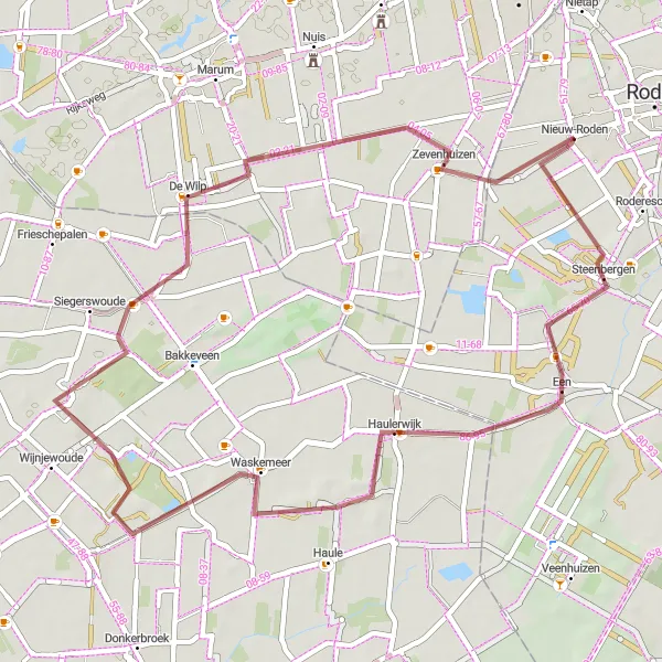 Map miniature of "Waskemeer and Jonkersvaart Gravel Loop" cycling inspiration in Drenthe, Netherlands. Generated by Tarmacs.app cycling route planner