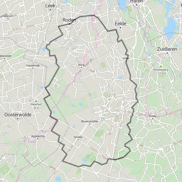 Map miniature of "Roden and Amerika Scenic Loop" cycling inspiration in Drenthe, Netherlands. Generated by Tarmacs.app cycling route planner