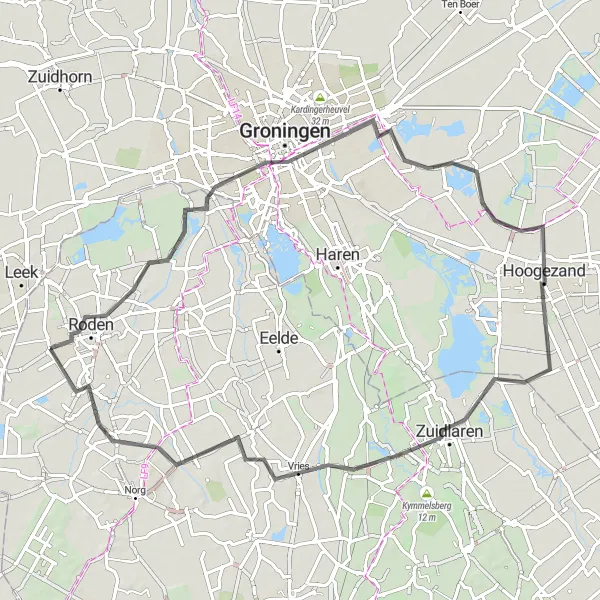 Map miniature of "Groningen and Langelo Road Loop" cycling inspiration in Drenthe, Netherlands. Generated by Tarmacs.app cycling route planner