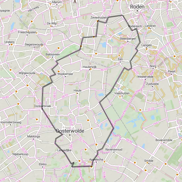 Map miniature of "Nieuw-Roden and Bakkeveen Road Ride" cycling inspiration in Drenthe, Netherlands. Generated by Tarmacs.app cycling route planner