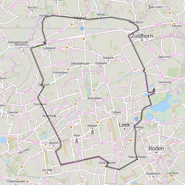 Miniatuurkaart van de fietsinspiratie "Wegroute naar Zuidhorn en Enumatil" in Drenthe, Netherlands. Gemaakt door de Tarmacs.app fietsrouteplanner