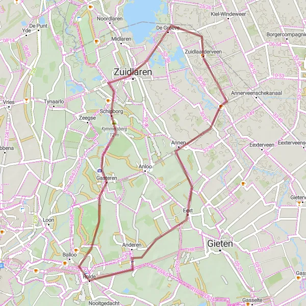 Miniatuurkaart van de fietsinspiratie "Gravelroute naar Kymmelsberg en Zuidlaren" in Drenthe, Netherlands. Gemaakt door de Tarmacs.app fietsrouteplanner