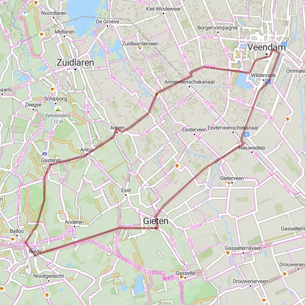 Miniatuurkaart van de fietsinspiratie "Gravelroute naar Annen en Wildervank" in Drenthe, Netherlands. Gemaakt door de Tarmacs.app fietsrouteplanner