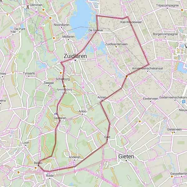 Miniatuurkaart van de fietsinspiratie "Gravelroute via Kymmelsberg en Zuidlaren" in Drenthe, Netherlands. Gemaakt door de Tarmacs.app fietsrouteplanner
