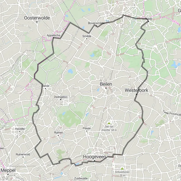 Map miniature of "The Forests and Hills of Rolde" cycling inspiration in Drenthe, Netherlands. Generated by Tarmacs.app cycling route planner