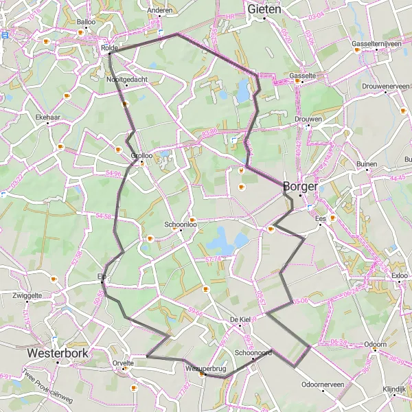 Miniatuurkaart van de fietsinspiratie "Wegroute naar Kookstudio en Boomkroonpad" in Drenthe, Netherlands. Gemaakt door de Tarmacs.app fietsrouteplanner