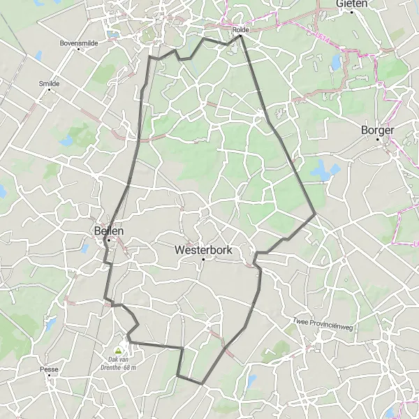 Miniatuurkaart van de fietsinspiratie "Wegenroute van en naar Rolde" in Drenthe, Netherlands. Gemaakt door de Tarmacs.app fietsrouteplanner