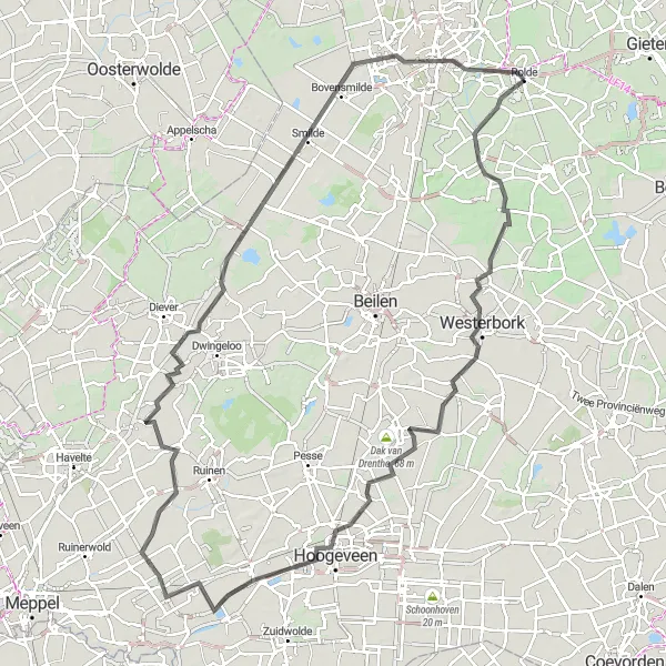 Miniatuurkaart van de fietsinspiratie "Wegenroute door Drenthe en Koekange" in Drenthe, Netherlands. Gemaakt door de Tarmacs.app fietsrouteplanner