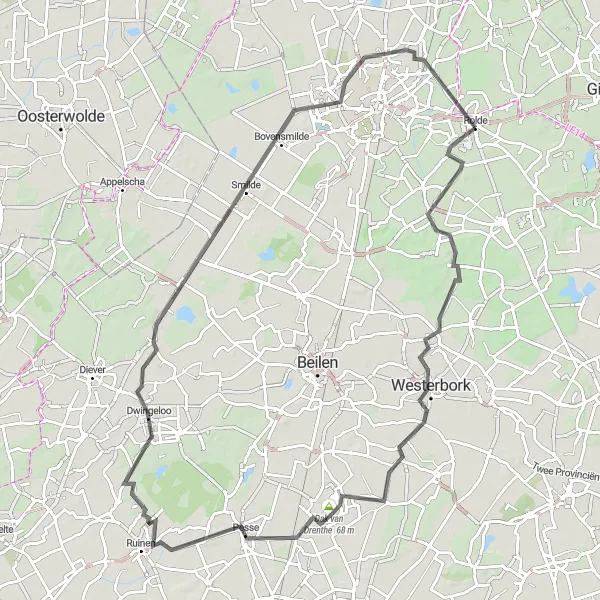 Map miniature of "Historical Road Loop" cycling inspiration in Drenthe, Netherlands. Generated by Tarmacs.app cycling route planner