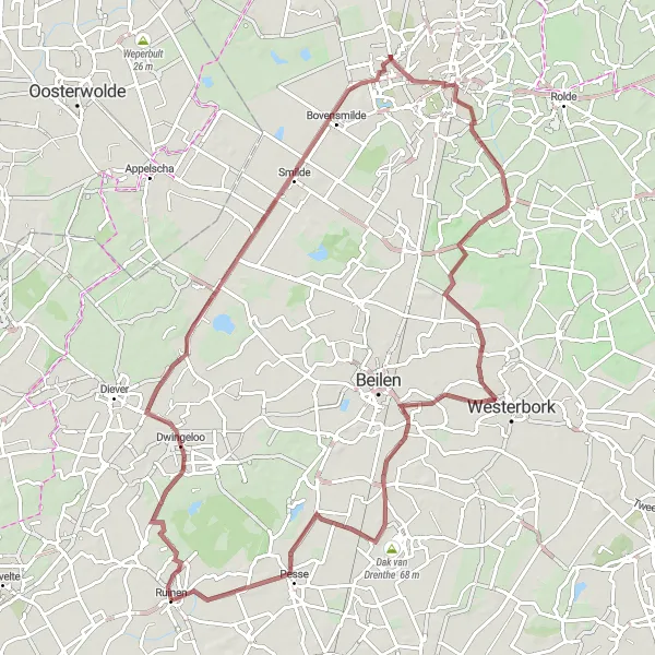 Map miniature of "Gravel Challenge" cycling inspiration in Drenthe, Netherlands. Generated by Tarmacs.app cycling route planner