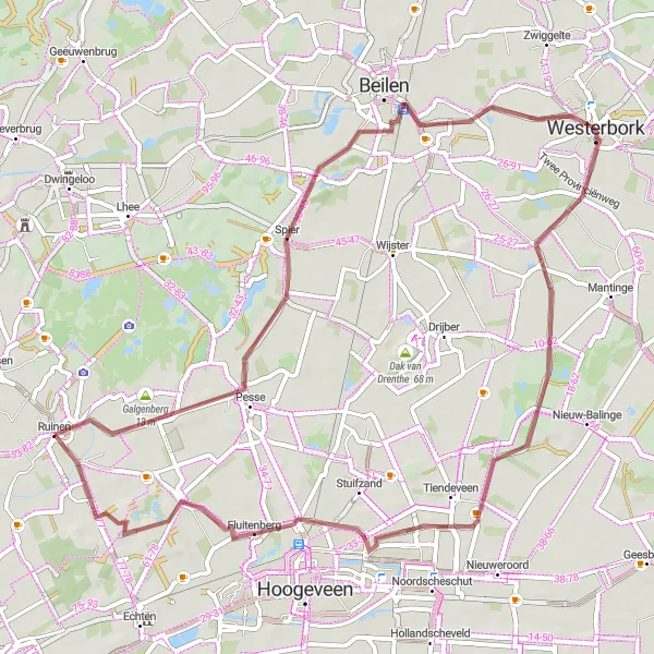 Map miniature of "Ruinen Gravel Adventure" cycling inspiration in Drenthe, Netherlands. Generated by Tarmacs.app cycling route planner