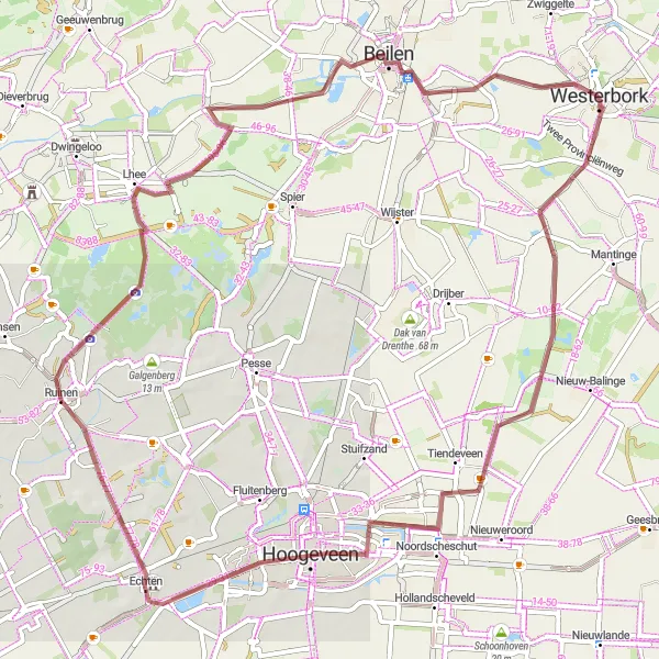 Miniatuurkaart van de fietsinspiratie "Gravelroute via Benderse Berg en Hoogeveen vanuit Ruinen" in Drenthe, Netherlands. Gemaakt door de Tarmacs.app fietsrouteplanner