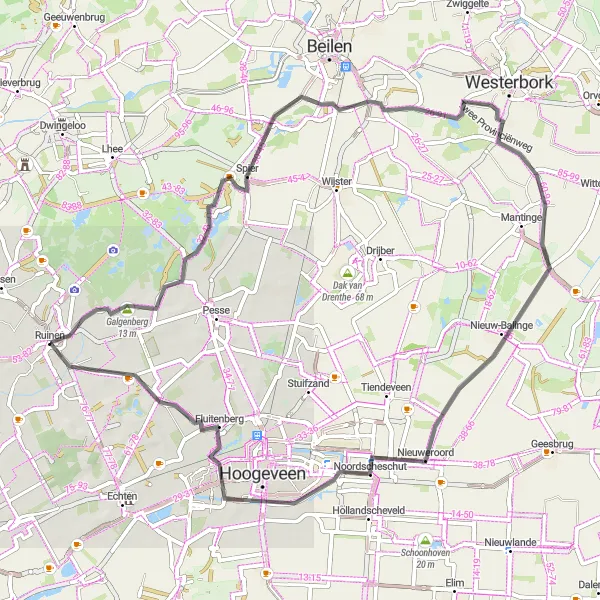 Miniatuurkaart van de fietsinspiratie "Wegroute vanuit Ruinen met bezoek aan Balinge en De Bult" in Drenthe, Netherlands. Gemaakt door de Tarmacs.app fietsrouteplanner