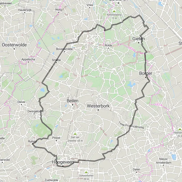 Miniatuurkaart van de fietsinspiratie "Fietsen door de natuur en geschiedenis van Drenthe" in Drenthe, Netherlands. Gemaakt door de Tarmacs.app fietsrouteplanner