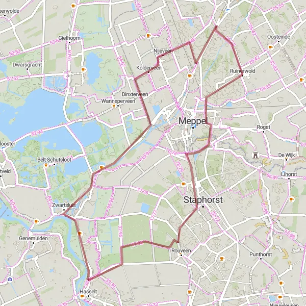 Miniatuurkaart van de fietsinspiratie "Gravelroute van Ruinerwold naar Uitkijktoren Reestdal" in Drenthe, Netherlands. Gemaakt door de Tarmacs.app fietsrouteplanner