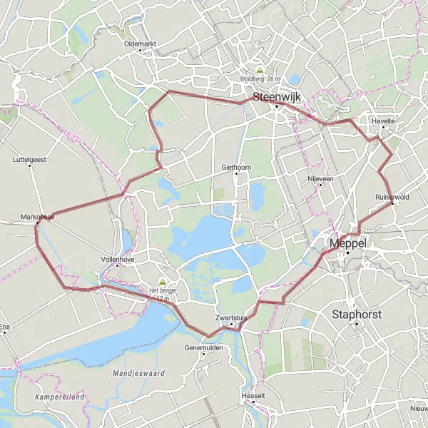 Map miniature of "Meppel Countryside Adventure" cycling inspiration in Drenthe, Netherlands. Generated by Tarmacs.app cycling route planner