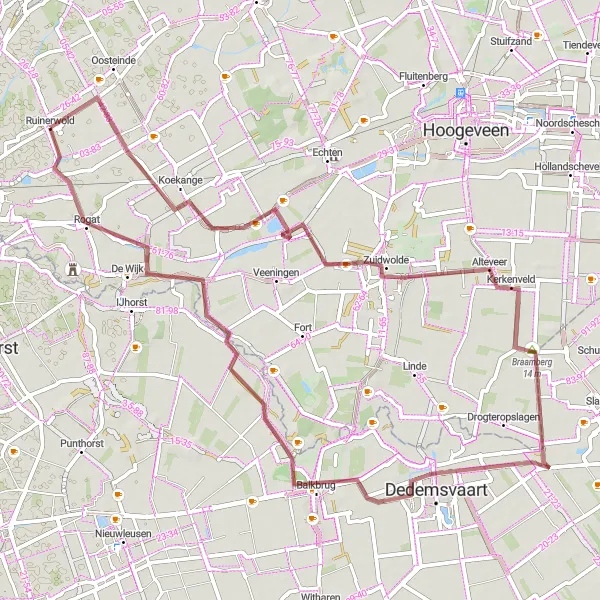 Miniatuurkaart van de fietsinspiratie "Gravelroute van Ruinerwold naar Koekange" in Drenthe, Netherlands. Gemaakt door de Tarmacs.app fietsrouteplanner