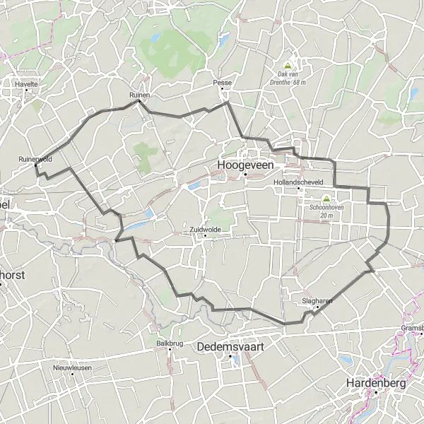 Map miniature of "Ruinen Tour" cycling inspiration in Drenthe, Netherlands. Generated by Tarmacs.app cycling route planner