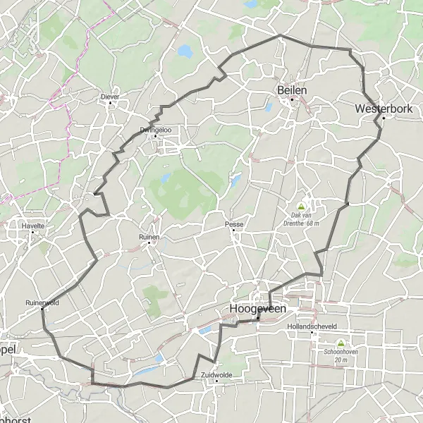 Map miniature of "Oosteinde Loop" cycling inspiration in Drenthe, Netherlands. Generated by Tarmacs.app cycling route planner