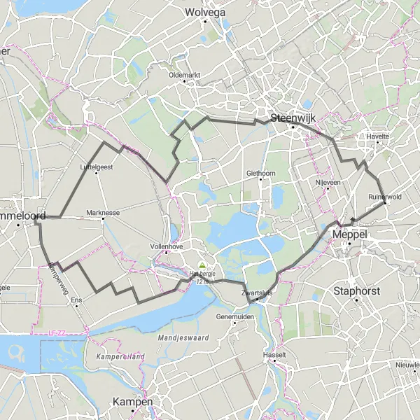 Map miniature of "Meppel Scenic Route" cycling inspiration in Drenthe, Netherlands. Generated by Tarmacs.app cycling route planner