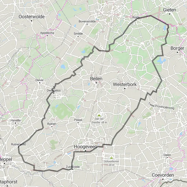 Map miniature of "Drenthe Road Cycling Adventure" cycling inspiration in Drenthe, Netherlands. Generated by Tarmacs.app cycling route planner