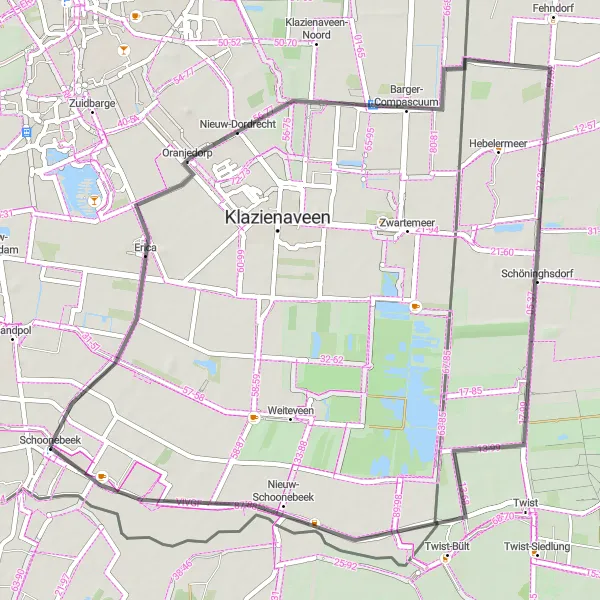 Miniatuurkaart van de fietsinspiratie "Amsterdamscheveld - Barger-Compascuum - Schöninghsdorf - Nieuw-Schoonebeek - Schoonebeek" in Drenthe, Netherlands. Gemaakt door de Tarmacs.app fietsrouteplanner