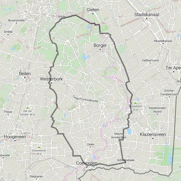 Map miniature of "Drenthe Delights" cycling inspiration in Drenthe, Netherlands. Generated by Tarmacs.app cycling route planner