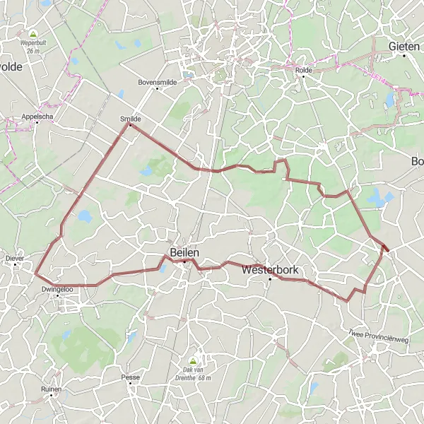 Map miniature of "Discovering Orvelte and Dwingeloo" cycling inspiration in Drenthe, Netherlands. Generated by Tarmacs.app cycling route planner