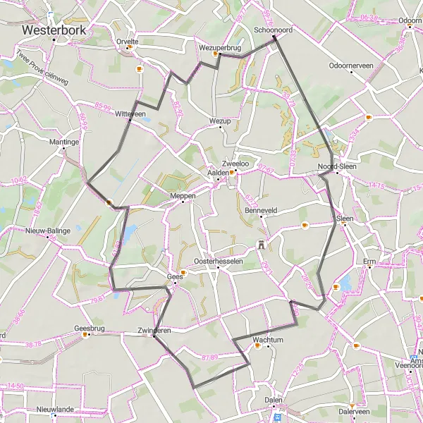Map miniature of "Schoonoord Route" cycling inspiration in Drenthe, Netherlands. Generated by Tarmacs.app cycling route planner