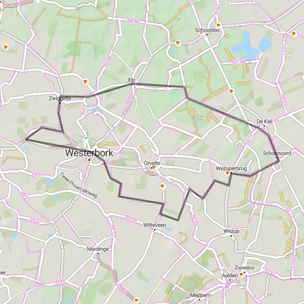 Map miniature of "Remarkable Landscapes & Charming Villages" cycling inspiration in Drenthe, Netherlands. Generated by Tarmacs.app cycling route planner