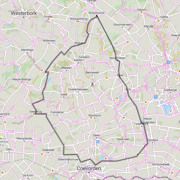 Miniatuurkaart van de fietsinspiratie "Roadroute naar Wezup via Sleen en Steenwijksmoer" in Drenthe, Netherlands. Gemaakt door de Tarmacs.app fietsrouteplanner