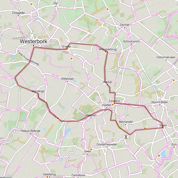 Map miniature of "Westerbork and Zweeloo Gravel Route" cycling inspiration in Drenthe, Netherlands. Generated by Tarmacs.app cycling route planner